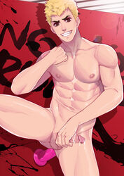 1boy abs anal blonde_hair brown_eyes cum dildo erection looking_at_viewer male_focus maorenc masturbation megami_tensei muscle naughty_face nude penis persona persona_5 presenting ryuji_sakamoto sex_toy smile solo teeth testicles