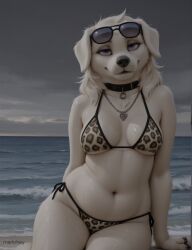 ai_generated animal_print anthro beach bedroom_eyes big_breasts bikini black_nose breasts canid canine canis choker clothing curvy_figure domestic_dog ear_piercing ear_ring eyewear eyewear_on_head female general glistening glistening_body golden_retriever hands_behind_head hi_res hunting_dog jewelry leaning_backward leopard_print looking_at_viewer mammal markrhey milf mom_bod mouth_closed narrowed_eyes navel necklace oiled_body piercing portrait purple_eyes retriever ring_piercing sea seaside seductive smile solo summer sunbed sunglasses sunglasses_on_head sunscreen sunscreen_on_body swimwear thigh three-quarter_portrait voluptuous water