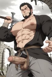abs ai_generated big_pecs big_penis black_hair cock cum dark_hair large_penis light-skinned_male male male_focus male_only muscular muscular_male nipples open_clothes pecs penis penis_out precum stable_diffusion sword throbbing_penis viking vinland_saga wulf_(vinland_saga)