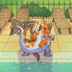 amur_carp anus argon_vile arm_fin ass carp cyprinid cypriniform dragon feet fin fish genitals hi_res horn koi looking_at_viewer looking_back male marine membrane_(anatomy) mythological_creature mythological_scalie mythology orange_body penis pool poolside presenting presenting_anus scalie smile smiling_at_viewer smirk smirking_at_viewer solo swimming_pool tail tail_fin toes typical_carp water webbed_feet webbed_hands wings yellow_horn