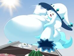 2025 4:3 ambiguous_gender blue_eyes clothing conveyor_belt fanning fanning_self hat headgear headwear hi_res icelyn open_mouth overweight pal_(species) palworld pocketpair reaching_for_object shweetmagnet single_tooth solo sun weight_gain white_body witch_hat