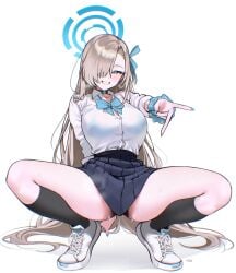 absurdres asuna_(blue_archive) asuna_(school_uniform)_(blue_archive) black_skirt black_socks blue_archive blue_bow blue_bowtie blue_eyes blue_halo blue_ribbon bow bowtie breasts brown_hair commentary female hair_over_one_eye hair_ribbon halo haze_(7h4ze) highres large_breasts long_hair looking_at_viewer pussy_juice ribbon shirt shoes simple_background skirt smile sneakers socks solo squatting very_long_hair white_background white_shirt white_shoes