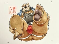 4_toes anthro anus ass barely_visible_anus bear beard big_butt blush bodily_fluids brown_body brown_fur bulge butt_from_the_front clothed clothing cropped facial_hair feet fur hi_res jockstrap kumagaya_shin love_mechanic lying male mammal marker_(artwork) moobs on_back open_clothing open_shirt open_topwear overweight overweight_anthro overweight_male pawpads paws red_clothing red_jockstrap red_underwear shirt soles solo sweat sweatdrop tank_top third-party_edit toes tom_(lm) topwear traditional_media_(artwork) underbite underwear