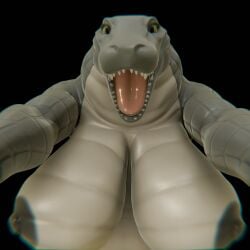 3d_(artwork) alligator alligatorid anthro big_breasts breasts crocodilian digital_media_(artwork) female genitals green_body gummeegorp hi_res looking_at_viewer nipples nude reptile scalie simple_background solo teeth