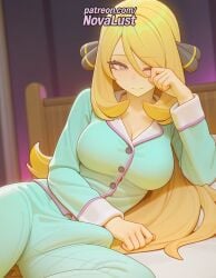 1futa 2025 ai_generated artist_name bed blonde_hair breasts bust chest cynthia_(pokemon) futanari hair_ornament hi_res high_quality high_resolution highres intersex long_hair lying nintendo novalust pajamas patreon patreon_username pokemon stable_diffusion watermark