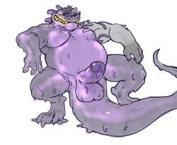 2019 anthro balls black_hair canid canine canis colored_cum cum erection goo_creature goo_transformation hair humanoid_penis hyenaface male male_only mammal monte_(worgenrouge) muscular muscular_male overweight overweight_male penis purple_cum sharp_teeth simple_background tail teeth transformation unusual_cum white_background wolf