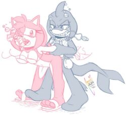 amy_rose animal_ears blurry bubble heart mobian_(species) monochrome no razor_the_shark shark shark_tail sonic_(series) sonic_the_hedgehog_(archie) sonic_the_hedgehog_(comics) sonic_the_hedgehog_(series) tail