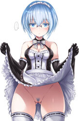 censored maid megane pubic_hair pussy shimo_(depthbomb) skirt_lift thighhighs