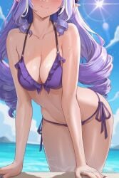 ai_generated arm_support bare_arms bare_shoulders bikini blue_sky blush breasts cleavage closed_mouth cloud collarbone cowboy_shot day drill_hair female frilled_bikini frills halterneck head_out_of_frame hikari406 large_breasts leaning_forward lens_flare long_hair nail_polish navel outdoors pointy_ears purple_bikini purple_hair purple_nails side-tie_bikini_bottom sidelocks sky smile solo stomach string_bikini swimsuit thighs uncensored vivian_(zenless_zone_zero) water wet zenless_zone_zero