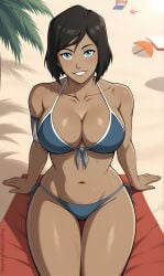 ai_generated arm_support armband avatar_the_last_airbender bare_shoulders beach beach_mat beach_towel bikini black_hair blue_bikini blue_eyes blue_swimsuit bonnieaiart breasts brown_hair cleavage clothing collarbone dark-skinned_female dark_skin day female front-tie_bikini_top front-tie_top grin korra large_breasts looking_at_viewer navel ocean outdoors palm_leaf palm_tree sand short_hair side-tie_bikini_bottom sitting smile solo solo_focus starfish stomach swept_bangs swimsuit the_legend_of_korra thigh_gap thighs towel water