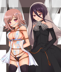 arms_behind_back big_breasts black_collar black_dress black_hair black_panties black_thong black_tights blush bondage bound bound_arms bound_legs bra breasts brown_hair cleavage cleave_gag clothed collar crotch_rope danganronpa danganronpa_2:_goodbye_despair danganronpa_3 dress female femsub gag gagged hairpin hands_behind_back izuru_kamukura izuru_planetes leash looking_at_partner nanami_chiaki panties pantsu partially_clothed pink_eyes red_eyes restrained rule_63 short_hair straight_hair thighhighs thong tied tied_hands tied_legs tied_up tights