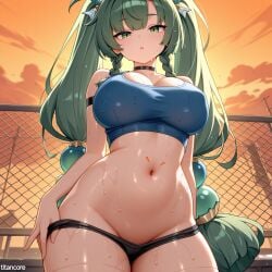 (titancore) adult ai_generated android android_girl big_breasts breasts curvy_figure female green_eyes green_hair hair_ornament long_hair outside police qingyi_(zenless_zone_zero) robot_girl twintails video_game_character wet_body zenless_zone_zero