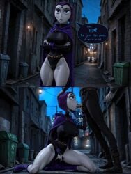 1boy 1girls 2025 3d ai_generated alley breasts caption dc dc_comics female femsub fingering fingering_self grey_skinned_female hand_on_head horny_female huge_breasts large_breasts leotard male maledom maledom_caption night oceanforest on_knees oral oral_sex partial_male purple_eyes raven_(dc) stop_motion superheroine teen_titans text tim_burton word_balloon