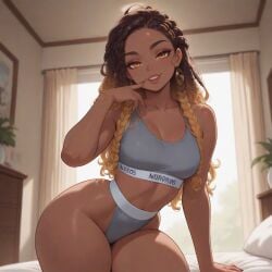 ai_generated amber_eyes bigbizarts blonde_tips braids brown_hair brown_skinned_female full_lips original_character seductive_look smiling_at_viewer sports_bra thong