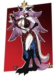 1girls absurd_res anthro avian big_breasts breasts crown drink female furry hand_on_hip hellaverse helluva_boss hi_res long_hair looking_at_viewer mature_female milf owl owl_demon rhunter13 solo source_request stella_(helluva_boss)