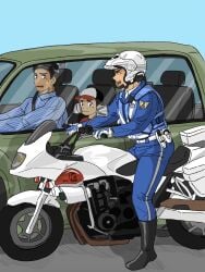 3boys angry black_eyes black_hair blue_background blue_clothing blush boots cap car driver father_and_son full_body fully_clothed gloves helmet hi_res imokuma looking_at_another male male_only mature_male morning motorcycle no_visible_genitalia original original_character outdoors police police_officer police_uniform short_hair simple_background sitting straddling striped_clothing sweat sweatdrop traffic_cop vehicle