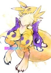:< adversarial_noise animal_ears animal_feet animal_hands animal_nose arms_at_sides artist_name barefoot black_sclera blue_eyes body_fur bridal_gauntlets claws cleft_of_venus closed_mouth colored_sclera commentary_request digimon digimon_(creature) english_commentary facial_mark feet female fox_ears fox_girl fox_tail full_body furry furry_female highres leg_tattoo looking_afar mixed-language_commentary navel neck_fur nude pussy renamon signature sitting snout solo split_mouth stomach tail tattoo thick_thighs thighs thwillartz tow-tone_fur twitter_username uncensored white_fur wide_hips yellow_fur yin_yang