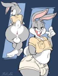 4_toes 5_fingers anthro anus ass backsack balls ballsack barefoot big_butt bottomless bottomwear bugs_bunny bulge bulluppa clothed clothing crop_top feet fingers fur genitals gloves grey_body grey_fur half-closed_eyes hand_behind_back handwear hi_res lagomorph leaning leaning_forward leporid looking_at_viewer looking_back looking_back_at_viewer looney_tunes male mammal narrowed_eyes open_mouth open_smile pink_nose rabbit raised_tail shirt shorts signature smile solo standing tail tail_tuft toes topwear tuft warner_brothers white_body white_fur