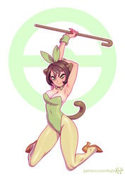 1girls alternate_costume brown_eyes brown_hair cane cosplay female game_freak gloria_(pokemon) grookey_(cosplay) holding_object human human_only kajinman nintendo pokemon pokemon_(cosplay) pokemon_ss pose smile solo solo_female