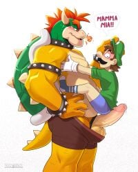 2025 2boys absurd_res accessory anthro armband balls beard belly biceps big_balls big_muscles big_penis blush bodily_fluids bowser bowser_day bracelet bulge claws clothed clothing cock_ring collar dialogue draftgon dripping duo english_text erection eye_contact eyebrows facial_hair footwear furry furry_male furry_only gay genital_fluids genitals glans gloves hair handwear hat headgear headwear heart_symbol hi_res horn hug human human_on_anthro humanoid_genitalia humanoid_penis imminent_sex interspecies jewelry koopa larger_anthro looking_at_another looking_at_genitalia looking_at_penis looking_down love luigi male male/male mammal mario_(series) moustache musclegut muscles muscular muscular_anthro muscular_male nintendo non-mammal_balls open_mouth open_smile partially_clothed pecs penis penis_accessory penis_jewelry precum precum_drip red_hair reptile scalie shell shirt side_view simple_background size_difference smaller_human smile socks speech_bubble spiked_armband spiked_bracelet spiked_collar spiked_shell spiked_tail spikes spikes_(anatomy) standing stubble sweat sweatdrop tail teeth text thick_arms thick_penis thick_thighs topless topless_anthro topless_male topwear underwear underwear_down underwear_only white_background wide_eyed