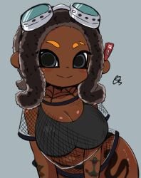 1girls artist_signature big_breasts black_bra blush bra breasts cleavage clip dark-skinned_female dark_skin eyebrow_slits female fishnet_shirt fishnets goggles goggles_on_head grey_eyes looking_at_viewer makino_nono midriff navel nintendo octoling octoling_girl simple_background splatoon splatoon_(series) splatoon_3 sports_bra tattoo wide_hips