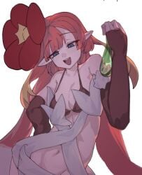 1girls belly belly_button bikini_top black_bikini blue_eyes blush bridal_gauntlets cleavage condom dark_lighting female female_only hand_on_hip holding_condom holding_object looking_down midriff mocking pointy_ears raffle red_hair ring solo solo_female tartarie traptrix traptrix_rafflesia used_condom yu-gi-oh!