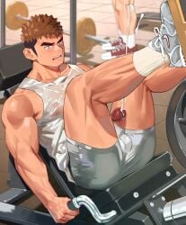 1boy accidental_exposure areolae_visible_through_clothing ass_visible_through_thighs balls balls_under_clothes bara barbell beefy biceps big_areola big_penis black_hair blue_eyes blurry_background blush brown_hair clenched_hand collarbone cum cum_drip cum_explosion cum_fountain cum_on_penis cum_splatter cum_string cum_trail dripping dripping_cum dust_particles dyed_hair ejaculation excessive_cum exposed feet_up foreskin frown fully_clothed gay gym hands-free hi_res huge_cock hunk indoors intense_orgasm legs_up long_cumshot looking_at_penis male male_only manly mature_male multicolored_hair muscles muscular muscular_arms muscular_legs muscular_male muscular_thighs nike orgasm original original_character pecs penis penis_out powerful_cumshot quadriceps red_glans retracted_foreskin see-through semen shaved_side shocked short_hair shorts sitting small_pupils sneakers socks solo spiky_hair tank_top thick_eyebrows thick_penis thick_thighs tight_clothing tiled_floor tough_guy training translucent_clothing triceps two_tone_hair uncensored uncircumcised uncut veiny_arms veiny_hands wet wet_clothes white_socks wide_eyed yaoi youchi123 zhou_suiyang