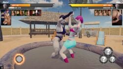 3d 3d_model big_breasts breasts brown_hair female fighter fighting fighting_pose fighting_ring game game_over game_screenshot gameplay pale-skinned_female pale_skin pink_hair summer yuri