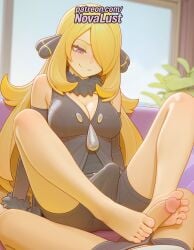 1boy 1futa 2025 ai_generated artist_name barefoot blonde_hair breasts bust chest cleavage cock cynthia_(pokemon) dick feet feet_fetish female foot_fetish foot_play footjob fur_collar futanari hair_ornament hair_over_one_eye hi_res high_quality high_resolution highres indoors intersex knees long_hair male nintendo novalust patreon patreon_username penis pokemon pokemon_(creature) pov smile solo_focus stable_diffusion straight toejob toes two-footed_footjob uncensored watermark