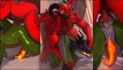 all_fours anal anal_sex animal_genitalia anthro beard bed bedroom belly bodily_fluids cum cumshot cumshot_in_ass dragon duo ejaculation erection facial_hair furniture genital_fluids genital_slit genitals glowing glowing_genitalia glowing_penis graventhax hi_res horn inside knot knotted_penis male male/male multiple_piercings muscular muscular_anthro muscular_male mythological_creature mythological_scalie mythology penetration penile_spines penis piercing scalie sex stomach_bulge wings
