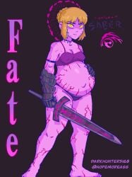 1girls 2022 artoria_pendragon barefoot belly belly_button belly_expansion blonde_female blonde_hair bra breasts darkhunter5168 english_text fate/grand_order fate/stay_night fate_(series) female female_only gloves hand_on_belly nopemoreass panties pregnant pregnant_female purple_body purple_skin saber saber_alter small_breasts solo sword vein yellow_eyes