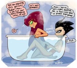 1boy 1girls alien alien_girl bathtub bathtub_sex black_hair blightstar canon_couple dc dc_comics dialogue dick_grayson english_text eyemask female green_eyes green_sclera koriand'r looking_back male mask_only nude orange_body penetration penis penis_silhouette red_hair reverse_cowgirl_position robin_(dc) robin_(dick_grayson) robin_(teen_titans) see-through smile speech_bubble starfire tagme teen_titans tile_floor tile_wall underwater warner_brothers