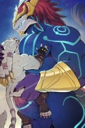 2boys ass_grab aurora bara constellation crescent_moon earth_(planet) embers fireworks furry furry_male galaxy giant glowing halloween_costume horns large_pectorals light_particles male milky_way moon moonlight multiple_boys muscular muscular_male night night_sky pectoral_grab pectorals planet red_hair shooting_star sky solo space star_(sky) star_(symbol) starry_sky starry_sky_print tail thighs yaoi