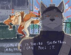 anal anal_sex angry anthro arctic_fox bara blush brother_(lore) brothers_(lore) brown_body brown_fur canid canine canis clothed clothing detailed_background dialogue disgust disgusted_face duo epic_games fennix_(fortnite) fortnite fox fur gay gay_male genitals hug hugging_another hugging_from_behind humor incest_(lore) kissing male male/male male_penetrated male_penetrating male_penetrating_male mammal muscular muscular_anthro muscular_male nude orange_body orange_fur penetration penis pinumontbalou red_eyes red_fox sex sibling_(lore) spread_legs spreading true_fox volpez_(fortnite) wendell_(fortnite) white_body white_fur wolf yaoi