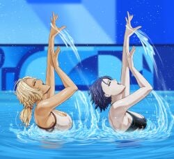 2girls alluring alternate_costume arms_up black_hair black_swimsuit blonde_hair catherine_(fire_emblem) cleavage dancing dark-skinned_female fire_emblem fire_emblem:_three_houses fire_emblem_warriors:_three_hopes green_eyes grey_eyes intelligent_systems large_breasts looking_up matching_expressions matching_poses nintendo one-piece_swimsuit pale-skinned_female performance performing ponytail pool posing red_bow saikunartworks shamir_nevrand shiny_skin sideboob smiling sparkles splashing swimming_pool synchronized_swimming upper_body upper_body_focus water wet wet_skin white_swimsuit