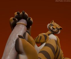 2026 3d_(artwork) anthro bedroom_eyes black_body black_fur black_pawpads black_stripes blender_(artwork) blender_cycles_(artwork) breasts cheek_tuft claws digital_media_(artwork) dreamworks duo facial_tuft featureless_breasts feet felid female finger_fetish finger_lick finger_play fingers foot_fetish foot_focus foot_play footjob fur genitals half-closed_eyes hi_res human humanoid_genitalia humanoid_penis kung_fu_panda licking looking_at_viewer male male/female mammal master_tigress narrowed_eyes one_ear_up orange_body orange_fur pantherine pawpads paws penis red_background seductive sex simple_background stripes tiger toe_claws tongue tongue_out tuft uberpuber whiskers white_body white_fur