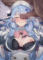 0haribo0 1boy ^^^ absurdres black_bra blue_archive blue_hair bow bowtie bra braid breasts censored center_opening closed_eyes closed_mouth commentary_request cross_hair_ornament cum dark-skinned_male dark_skin ejaculation erection female gloves hair_ornament hair_ribbon hat heart heavy_breathing high-waist_skirt highres juliet_sleeves long_hair long_sleeves lying male mine_(blue_archive) mosaic_censoring navel nipples nurse nurse_cap on_back one_breast_out penis penis_on_face penis_over_one_eye pink_bow pink_bowtie pink_ribbon pointy_ears puffy_sleeves ribbon side_braids skirt straight sweat trembling underwear white_gloves white_skirt