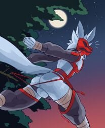 anthro ass backsack balls ballsack blue_body blue_fur bottomwear canid canine clothed clothing clothing_pull digital_media_(artwork) fox fox_tail fur genitals hand_wraps hi_res kingkapro leg_wrap light looking_back male mammal mask moon moonlight night ninja ninja_outfit ninja_suit plant running shinobi_(kingkapro) sky solo star straps surprised tail tree wardrobe_malfunction warrior wearing_mask wraps