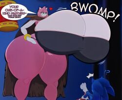 amy_rose breasts cloak clothes_lift female fruitybootydx giantess hammer hyper_ass hyper_breasts hyper_thighs sonic_(series) sonic_the_hedgehog surprised