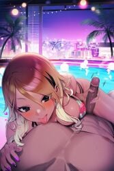 1boy 1girls ai_generated big_breasts bikini bikini_top blush blushing_at_viewer blushing_female breasts eager female gyaru hand_on_penis handjob happy happy_female happy_sex holding_penis idolmaster izumi_mei jerking_off jerking_off_another jerkingoff jerkingoff_another large_breasts leg_wrap licking licking_chest licking_male_nipple licking_nipples looking_at_viewer looking_up_at_partner looking_up_at_viewer male penis pool poolside pov pov_eye_contact smug smug_expression smug_face stroking_cock stroking_penis sucking_male_nipple tongue tongue_out wanting_cock wanting_sex wants_to_be_fucked