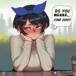 ai_generated aqua_eyes artist_name black_hair blue_hairband blue_ribbon blush breasts cup disposable_cup english_text female hair_ribbon hairband hands_on_own_cheeks hands_on_own_face kanojo_okarishimasu large_breasts long_sleeves looking_to_the_side nose_blush outdoors patreon_logo patreon_username ribbed_sweater ribbon sarashina_ruka short_hair solo speech_bubble sweater table tillian upper_body watermark web_address white_sweater