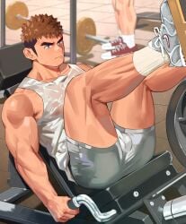 1boy areolae_visible_through_clothing ass_visible_through_thighs balls balls_under_clothes bara barbell beefy biceps big_areola black_hair blue_eyes blurry_background brown_hair bulge bulge_through_clothing clenched_hand collarbone dust_particles dyed_hair feet_up flaccid frown fully_clothed gay genital_outline gym hi_res hunk indoors legs_up male male_only manly mature_male multicolored_hair muscles muscular muscular_arms muscular_legs muscular_male muscular_thighs nike original original_character pecs quadriceps see-through shaved_side short_hair shorts sitting sneakers socks solo spiky_hair tank_top thick_eyebrows thick_thighs tight_clothing tiled_floor tough_guy training translucent_clothing triceps two_tone_hair veiny_arms wet wet_clothes white_socks yaoi youchi123 zhou_suiyang