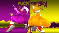 1femboy 1girls 3d 3d_(artwork) ass ass_bigger_than_head ass_focus big_ass big_breasts big_butt breasts female femboy furry furry_female furry_male furry_only looking_at_viewer looking_back male middle_finger purple_body sega shoes sideboob smiling smiling_at_viewer sonic_(series) sonic_the_hedgehog_(series) squatting tagme tails_the_fox thick_thighs video_games wave_the_swallow yellow_body