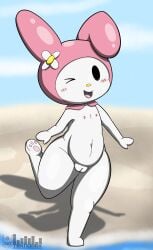 absurd_res anthro black_eyes blush clothing female flat_chested flower genitals headgear headwear hi_res hood lagomorph leporid looking_at_viewer mammal my_melody nipples one_ear_up onegai_my_melody open_mouth pink_clothing pink_headwear pink_hood plant plump_labia pussy rabbit sanrio simple_background solo swimwear teknomekanoid vulva white_body