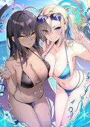 2girls absurdres alternate_costume aosaki_yukina asuna_(blue_archive) big_breasts bikini black_bikini black_hair blonde_hair blue_archive blue_bikini blue_eyes blue_nails blush breast_press breasts chocolate_and_vanilla dark-skinned_female dark_skin female female_only grin hair_over_one_eye hair_ribbon halo highres karin_(blue_archive) light-skinned_female light_skin long_hair looking_at_viewer multiple_girls navel peace_sign ribbon sideboob smile stomach sunglasses sunglasses_on_head swimsuit thighs v very_long_hair water yellow_eyes