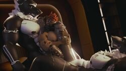 abs absurd_res anthro big_dom_small_sub big_penis bodily_fluids bounddev darius_(sundered) dominant ear_piercing facial_piercing foreskin genital_fluids genital_piercing genitals group hi_res holding_chin huge_cock hugging_penis humanoid_genitalia humanoid_penis hyena hyper machine male male/male mammal muscular muscular_male nipple_piercing nipples nose_piercing pecs penis penis_piercing piercing precum robot robot_anthro size_difference trio two_doms_one_sub