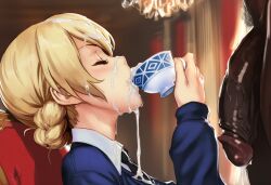 1boy 1girls ai_art ai_generated anonymous_artist blonde_hair blue_eyes blush breasts clothed clothed_female cum cum_drinking cum_in_container cum_in_mouth cum_on_clothes cum_on_face cum_on_hair darjeeling dark-skinned_male dark_penis dark_skin drinking drinking_cum ejaculation female girls_und_panzer holding_cup huge_cock interracial large_breasts large_cock large_dick large_penis light-skinned_female light_skin male male/female massive_penis pale-skinned_female pale_skin penis school_uniform schoolgirl sitting st._gloriana's_school_uniform straight swallowing swallowing_cum uniform veiny_penis