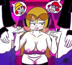 1girls 2boys breasts breasts_out clothes_lift cum cum_drip cum_in_mouth cum_on_body cum_on_face cum_on_glasses cum_on_hair dripping dripping_pussy hand_on_penis handjob headphones jackjonny201 kneeling looking_pleasured mc_adore orange_hair penis_grab rhythm_heaven rhythm_heaven_fever sweat sweating