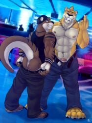 3:4 abs anthro ass barbell_piercing black_bottomwear black_clothing black_hat black_headwear black_nose black_pants black_topwear blue_bottomwear blue_clothing blue_eyes blue_pants bottomwear clothed clothing duo_focus ear_piercing ear_ring ear_stud facial_piercing felid front_view genitals gesture green_eyes grin group hand_gesture hat headgear headwear hi_res industrial_piercing inside jewelry kyo_(kiasano) lip_piercing lip_stud looking_at_viewer male male_anthro mammal markings middle_finger mooning multiple_piercings muscular muscular_male mustelid necklace nipple_barbell nipple_piercing nipples otter pants pecs penis penis_base piercing pink_penis pj_saber presenting presenting_hindquarters rear_view ring_piercing smile solaxe_(artist) standing striped_arms striped_markings striped_tail stripes tail tail_markings topless topwear