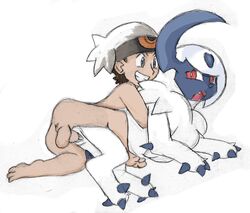 1boy absol ambiguous_gender arms_around_waist balls brendan_(pokemon) claws colored edit feet female feral from_behind furry hat human human_on_feral interspecies looking_at_another male male_on_feral nintendo nude_male on_side open_mouth penetration penis pokémon_(species) pokemon pokemon_(species) pokemon_rse praiz pussy red_eyes sex smile vaginal_penetration